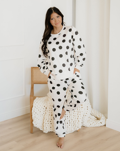 Polka Dot Print Drop Shoulder Pullover Drawstring Jogger Pant Set - Beige