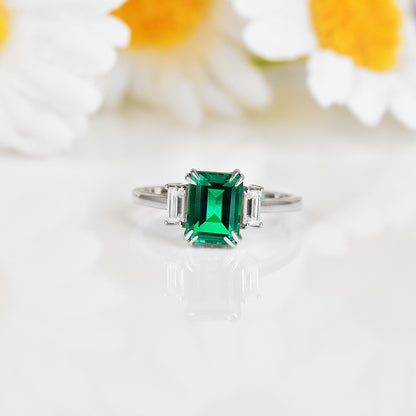 2.04 Ct Octagon Green Colombian Lab Created Emerald and Moissanite Prong Silver Three Stone Statement Ring