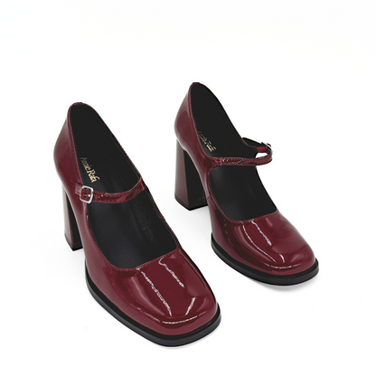 Jackie Patent Leather Mary Jane Heels - Burgundy
