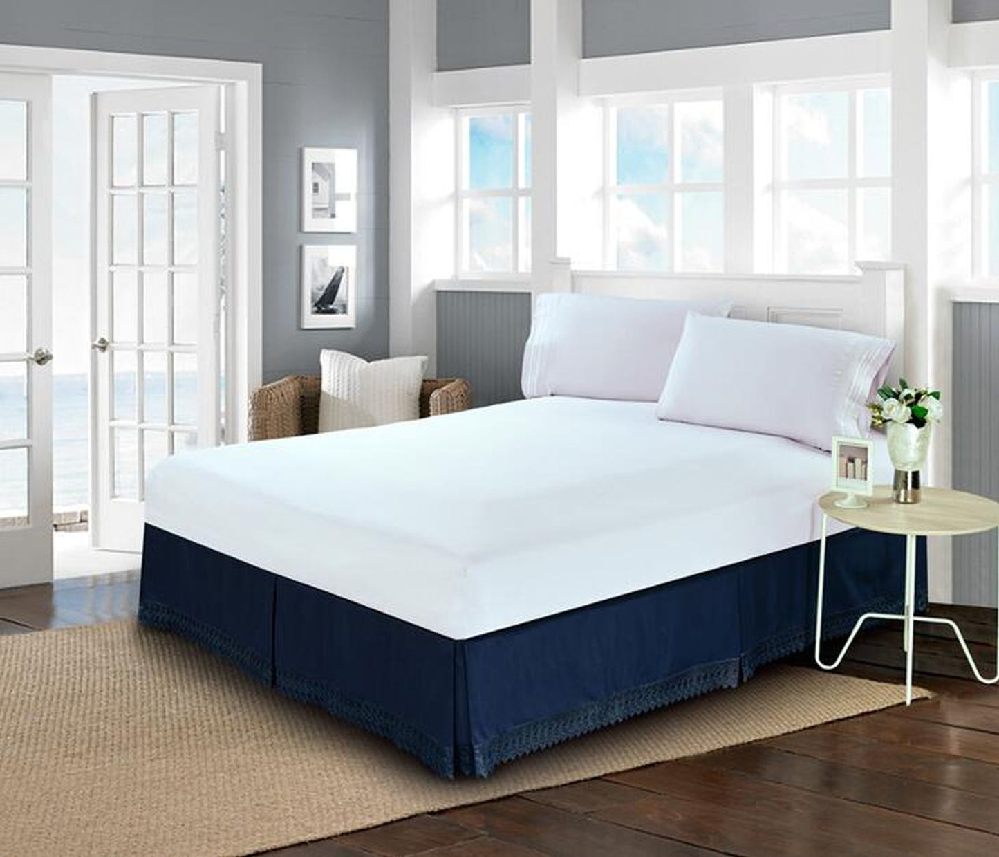 Mocassi Luxury Microfiber 1-Piece Lace Fringe Dust Ruffle/Bed Skirt  with 15inch Drop.