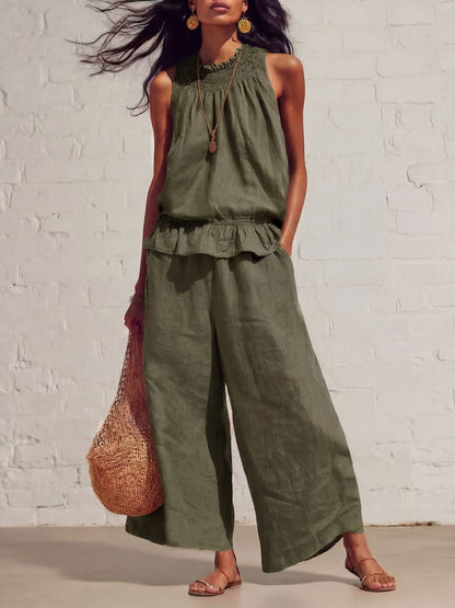 Women's Smocked Neckline Ruffle Hem Linen Tank & Wide-Leg Cropped Pants Set