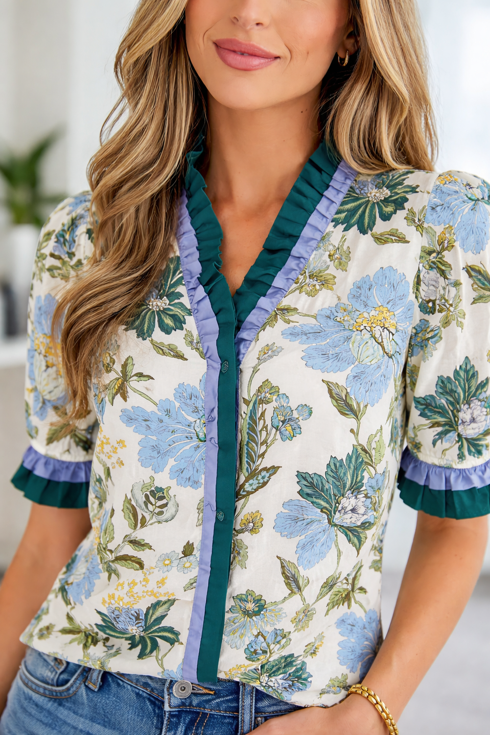 Threaded Pear Mila Trim Short Sleeve Blouse
