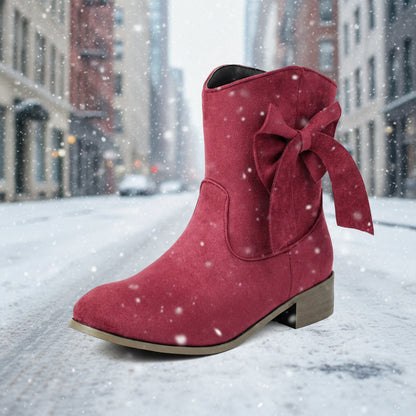Women’s Low Heel Suede Bow Boots | Large Size Casual Winter Ankle Boots