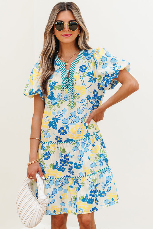Threaded Pear Payton Floral Striped Trim Puff Short Sleeve Dress