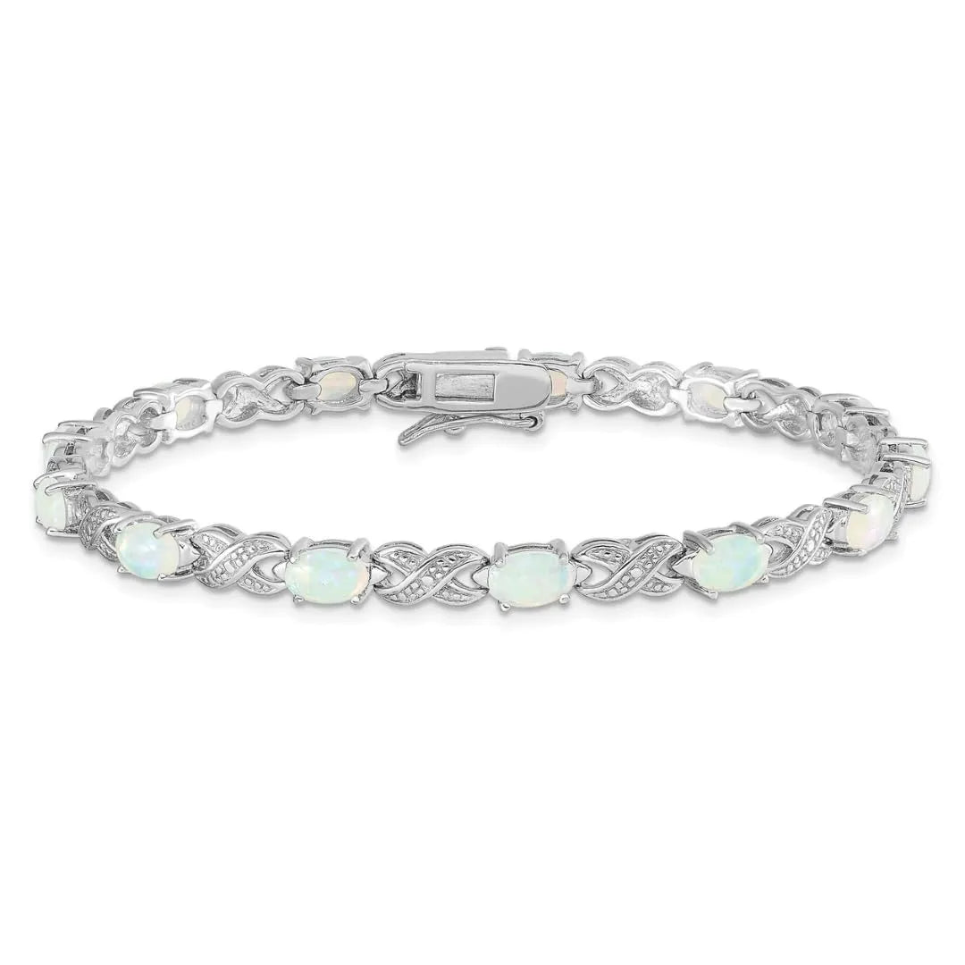 Oval White Genuine Opal & Diamond Prong Sterling Silver Infinity Link Bracelet