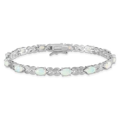 Oval White Genuine Opal & Diamond Prong Sterling Silver Infinity Link Bracelet