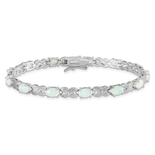 Oval White Genuine Opal & Diamond Prong Sterling Silver Infinity Link Bracelet