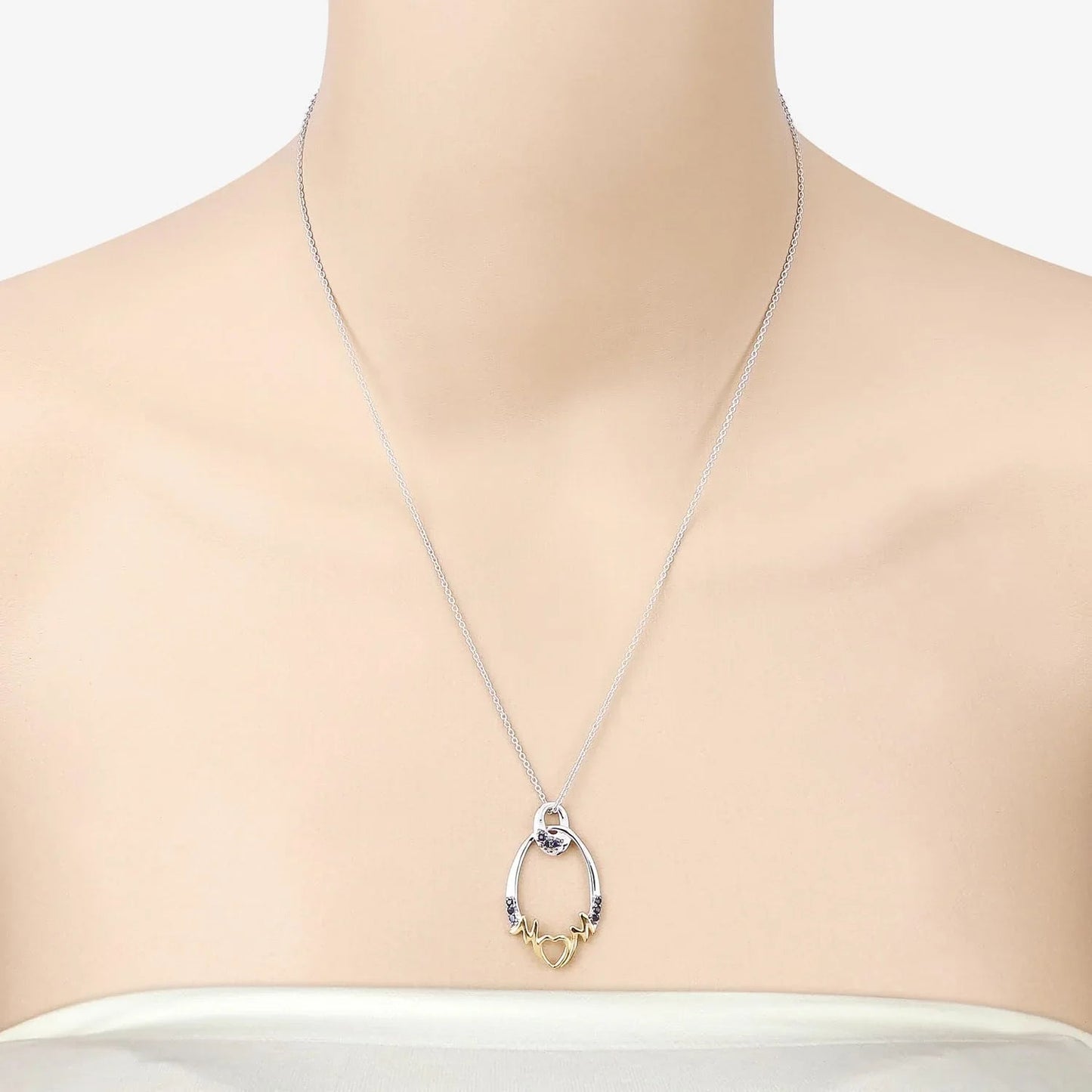Round Blue Sapphire Prong Silver Mom Pendant Necklace