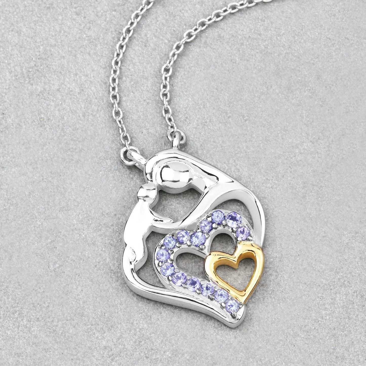 Round Violet Tanzanite Prong Silver Double Heart Pendant Necklace