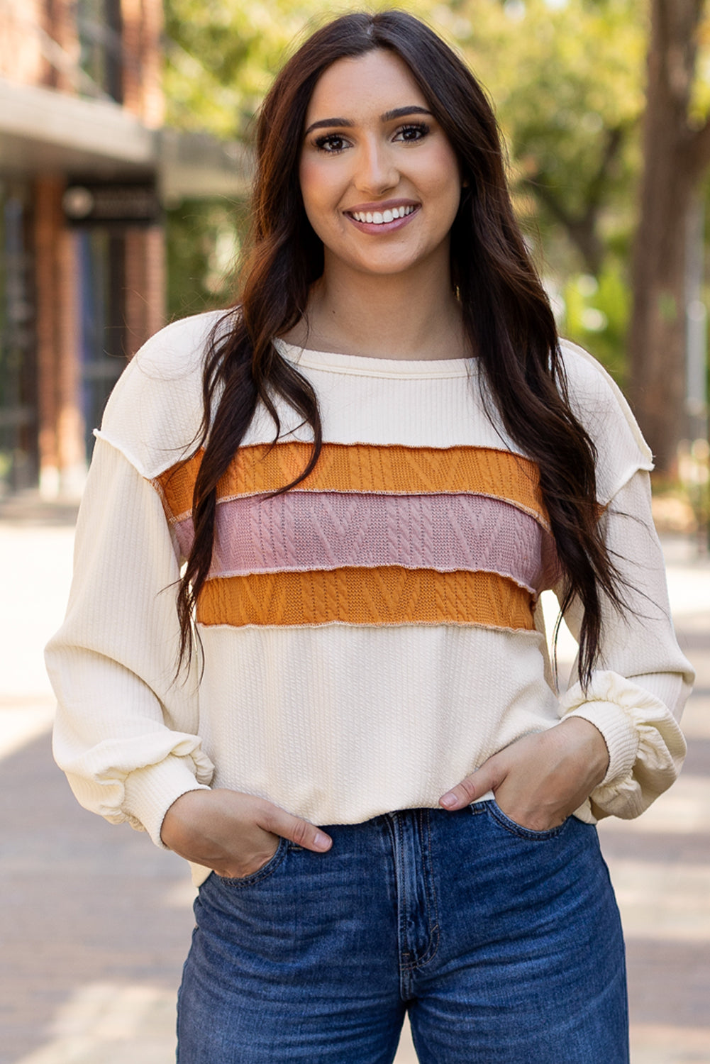 Threaded Pear Ember Exposed Seam Knit Patchwork Top
