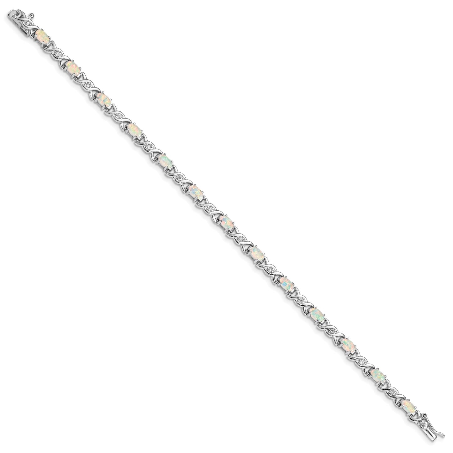 Oval White Created Opal & Diamond Prong Sterling Silver Infinity Link Bracelet