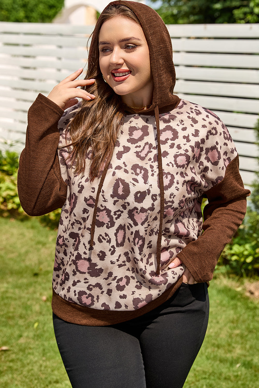 Scarlett Print Knit Patchwork Hoodie - Brown / 1X - 14W-16W