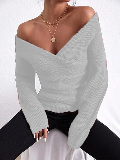 Women's Off-Shoulder Crossover Knit Sweater – Slim Fit Long Sleeve