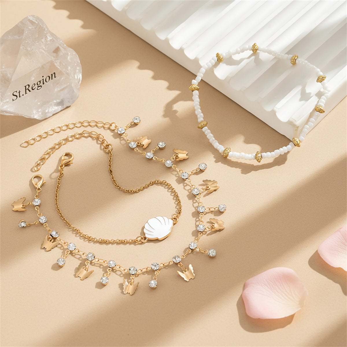 White Howlite & Cubic Zirconia Enamel Goldtone Butterfly Tassel Anklet Set