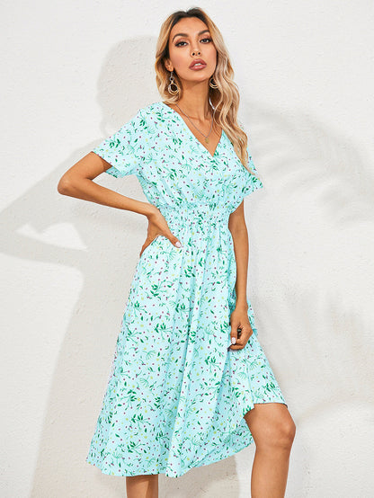 Women's V-Neck Floral Print Dress - A-Line Waisted Summer Maxi Dress