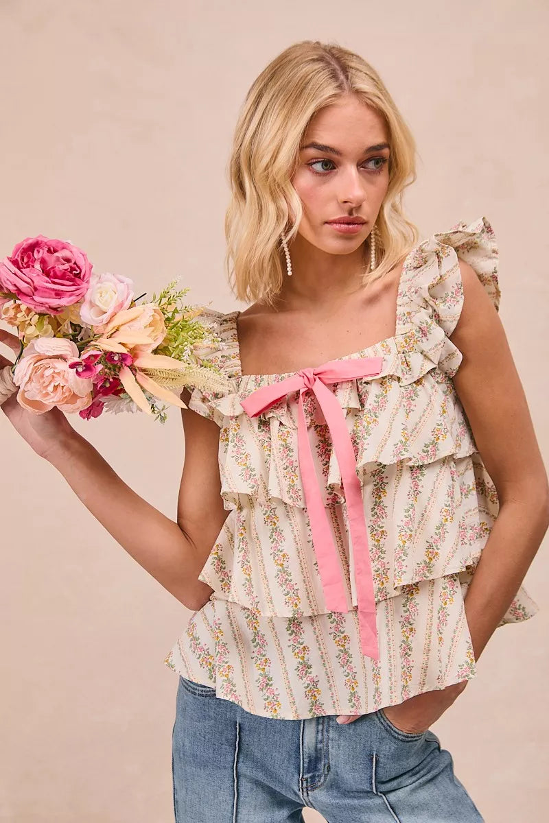 BiBi Floral Printed Woven Front Bow Tied Ruffled Square Neck Sleeveless Top