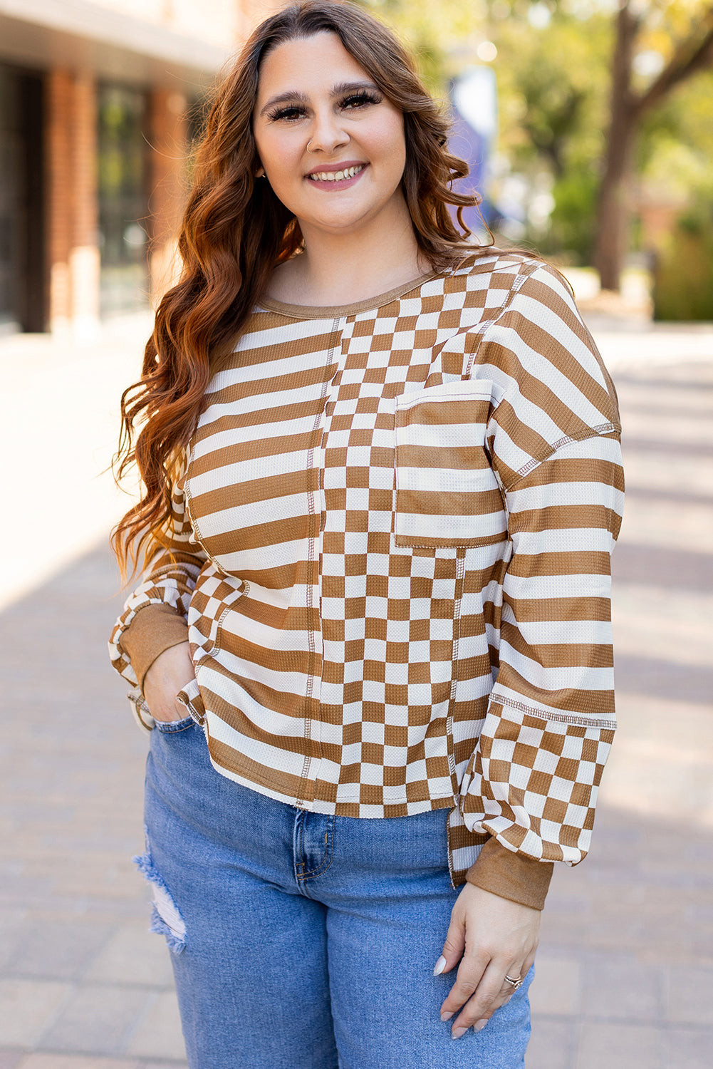 Threaded Pear Khaki Striped Checkered Mixed Print Chest Pocket Casual Plus Size Top