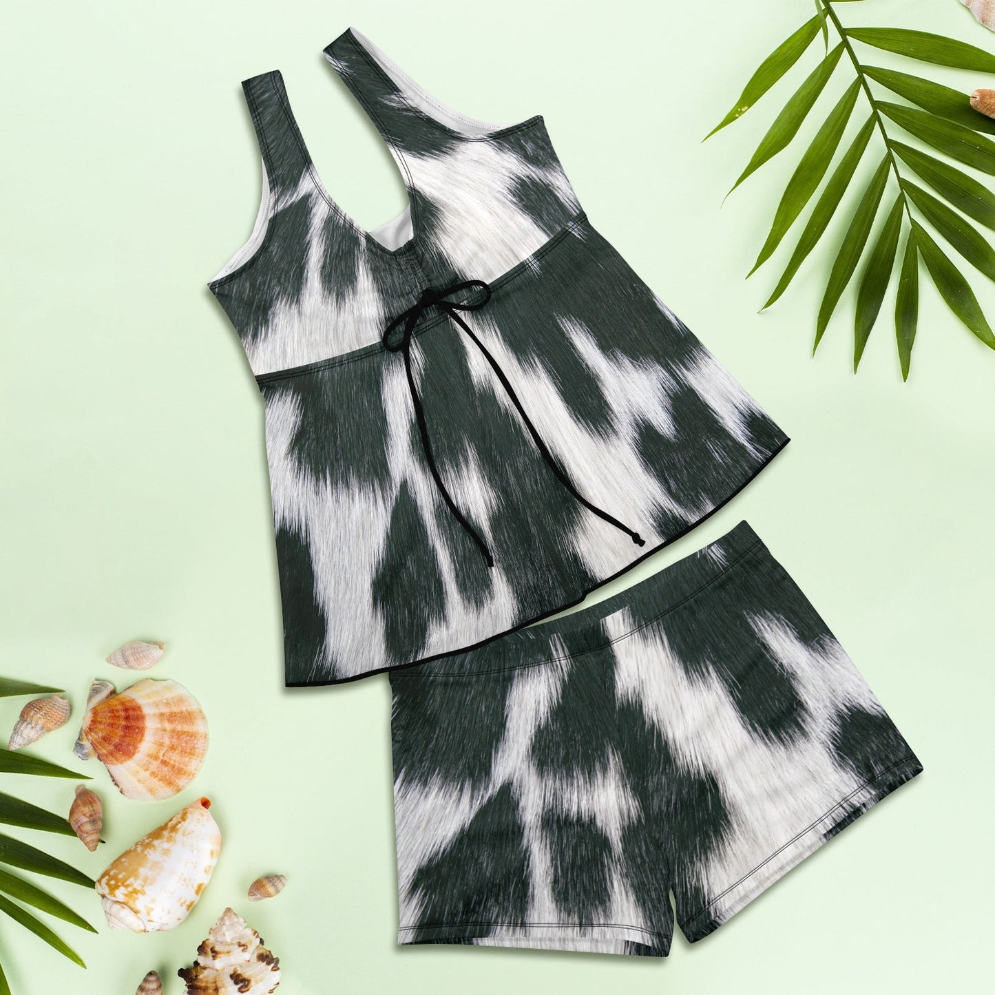 Baha Ranch Black White Cowhide Print Tankini Boy Shorts Swim Set