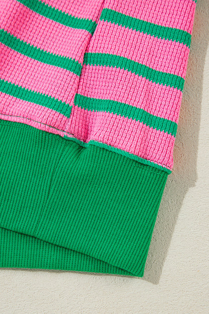 Threaded Pear Pink Stripe Waffle Knit Crew Neck Plus Size Sweatshirt