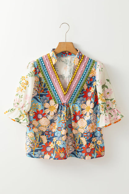 Threaded Pear Gwen Crochet V Neck Boho Floral Blouse