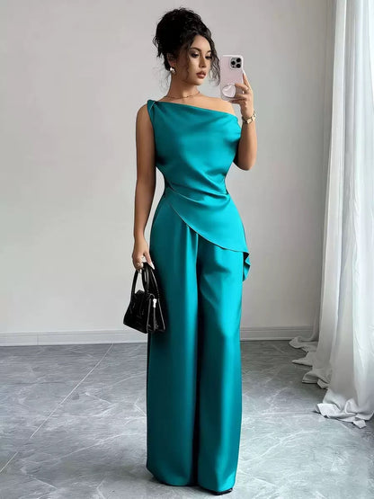 One-Shoulder Asymmetric Top & Wide-Leg Pants 2-Piece Set – Women's Elegant Co-ord Suit