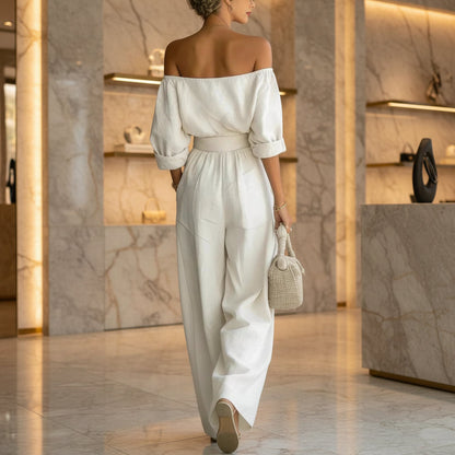 Women's Off-Shoulder Puff Sleeve Blouson Top & High-Rise Wide-Leg Pants Cotton-Linen Set