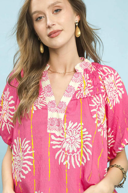 Umgee Floral Border Smocked V-Neck Boho Blouse – Zulily