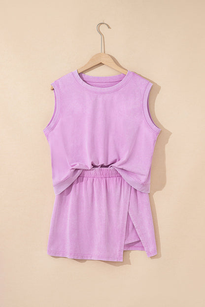 Threaded Pear Aria 2 Pieces Mineral Wash Cotton Tank Top Lined Split Skirt Set