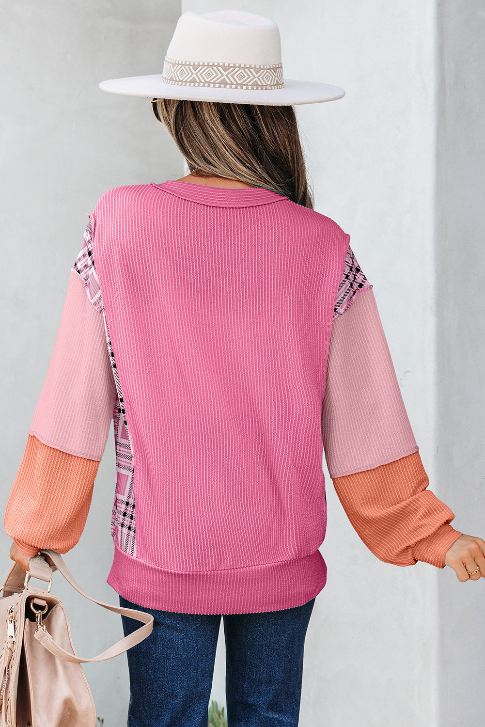 Threaded Pear Maddie Texture Colorblock Patchwork Long Sleeve PLUS Top