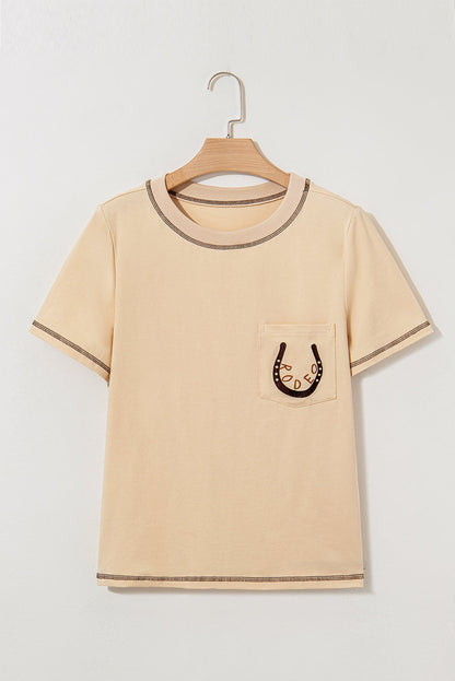 Threaded Pear Horseshoe Embroidered Patch Pocket Tee