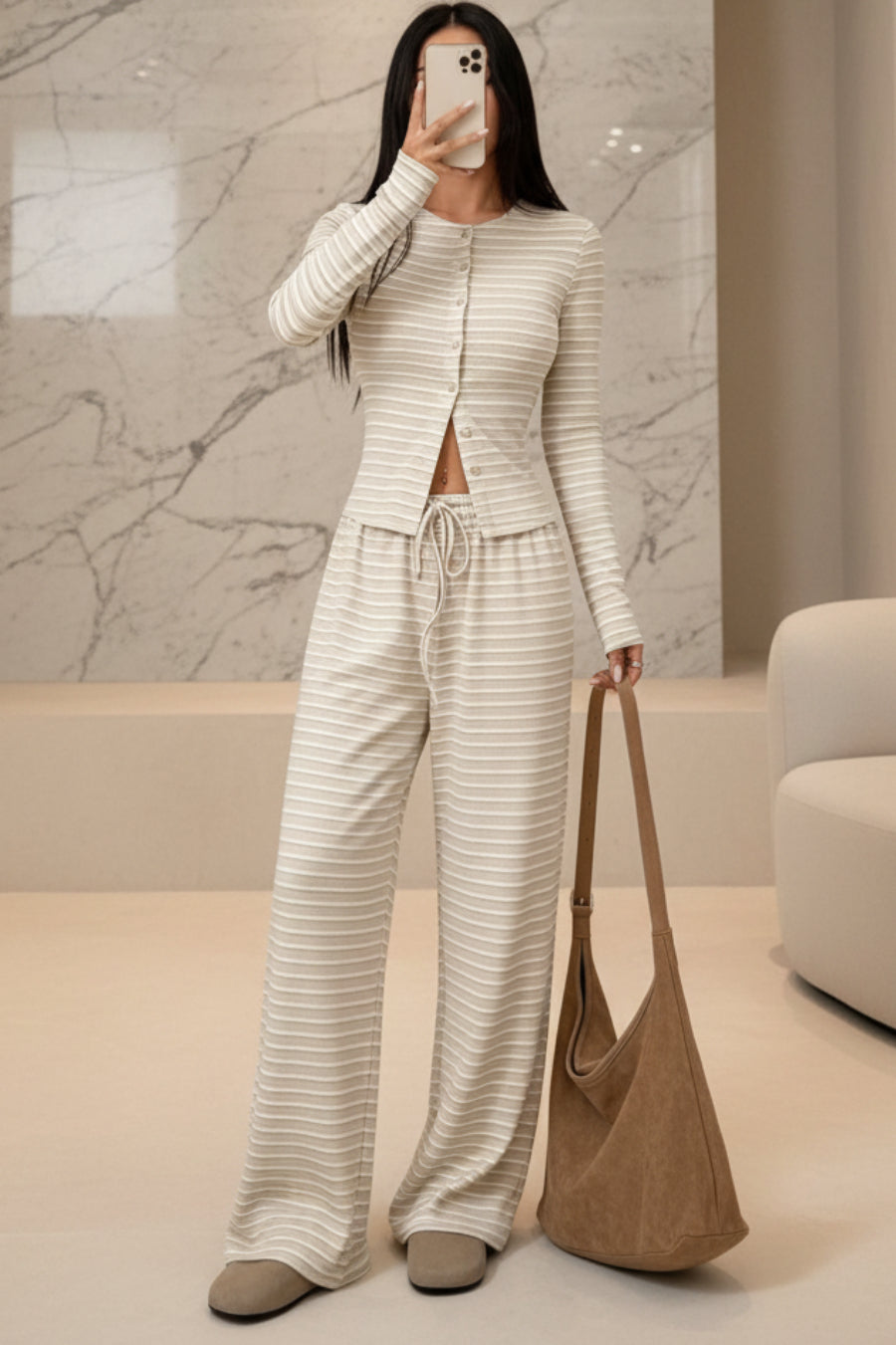 Women's Stripe Fitted Button-Front Crop Top & Drawstring Wide-Leg Pants Set