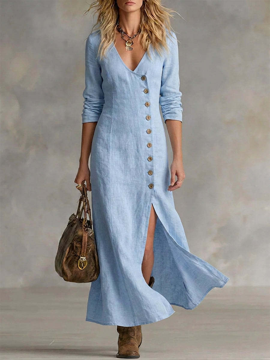zulily cotton dresses Cotton Linen Sleeveless Midi Dress  Side Slits & Loose Fit Sky Blue / M