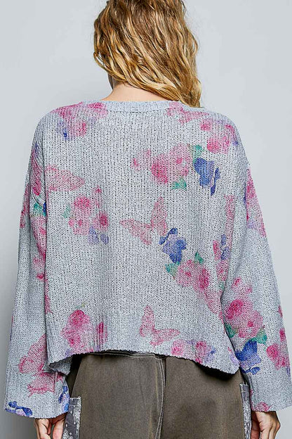 POL Ribbed Butterfly Print Round Neck Knit Top