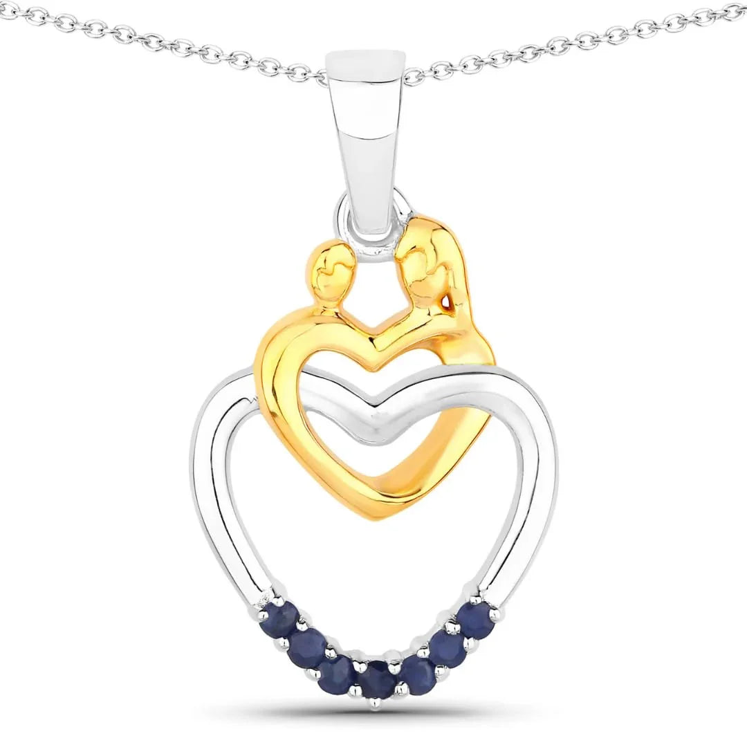 Round Blue Sapphire Prong Silver Double Heart Pendant Necklace