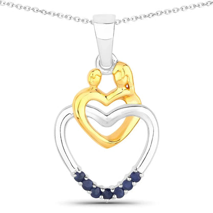 Round Blue Sapphire Prong Silver Double Heart Pendant Necklace