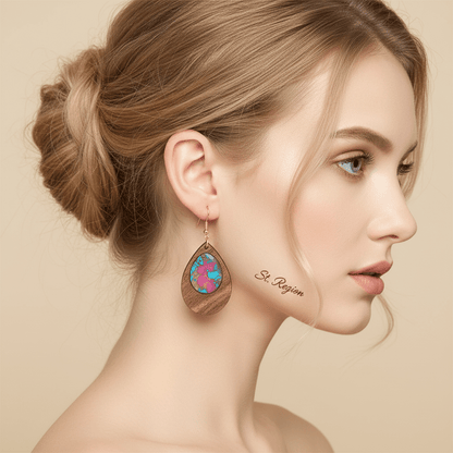 Blue & Rose Resin Wood Goldtone Patchwork Teardrop Hook Earrings