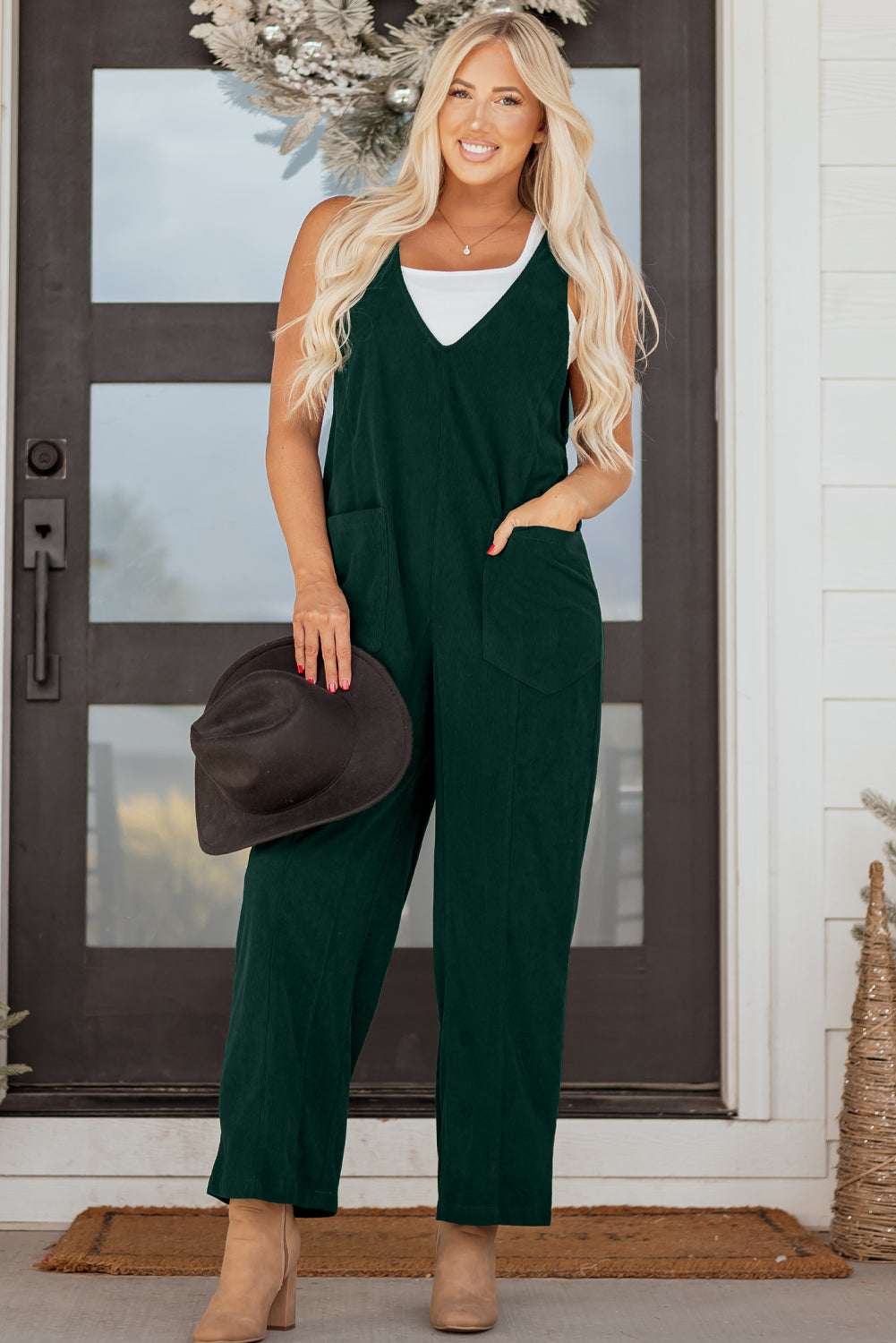 Threaded Pear Elle Corduroy Patched Sleeveless Jumpsuit