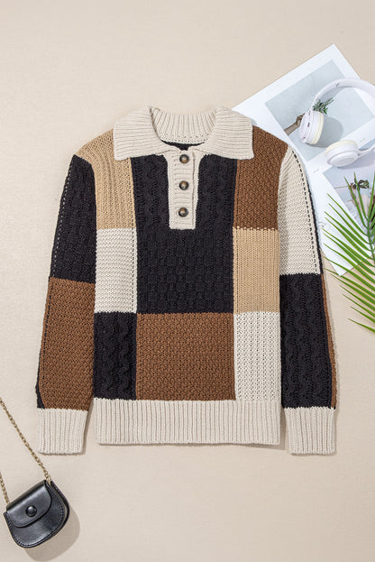 Threaded Pear Paige Cable Knit Sleeve Buttons Collared Sweater