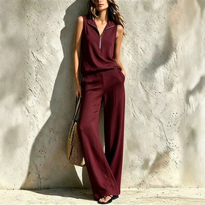 Women's Quarter-Zip Stand Collar Sleeveless Top & Wide-Leg Pants Set