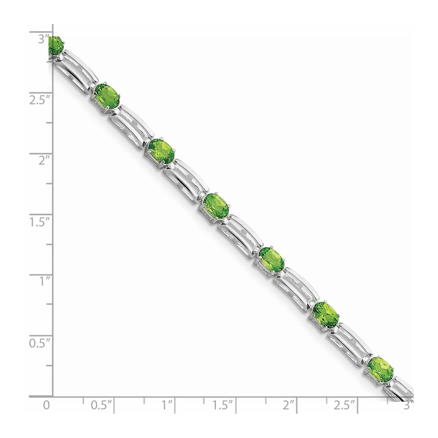 Oval Green Peridot Prong Rhodium Plated Sterling Silver Bar Link Bracelet