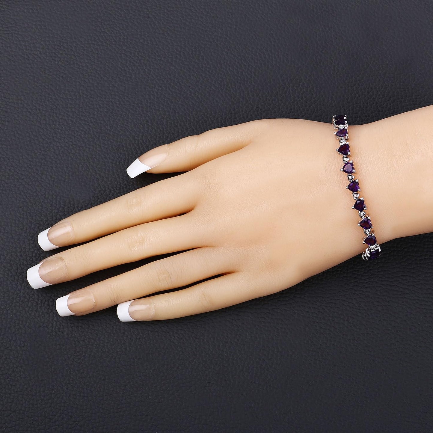 9.89 Ct Heart Purple Amethyst & Diamond Prong Silver Tennis Bracelet