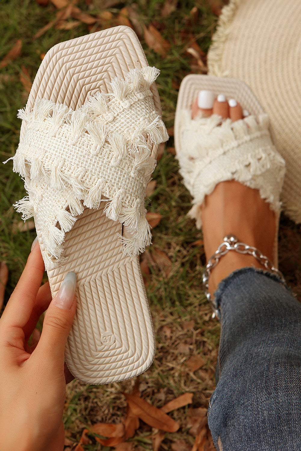 Threaded Pear Vada Tassel Woven Crossed Straps Flat Slippers