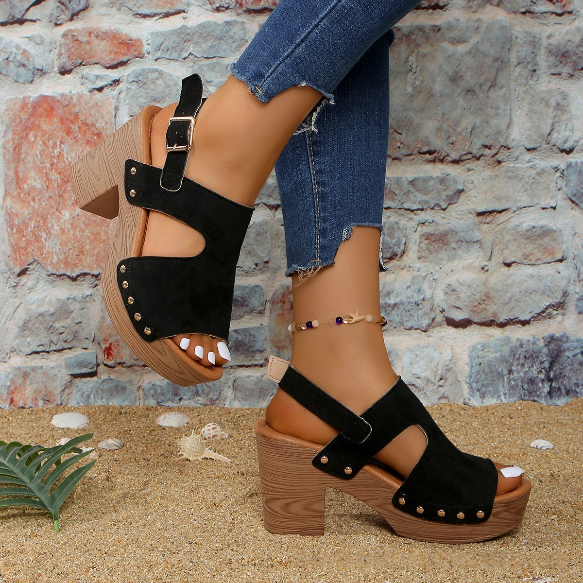 Women's Peep-Toe Chunky Heel Buckle Sandals – Zulily