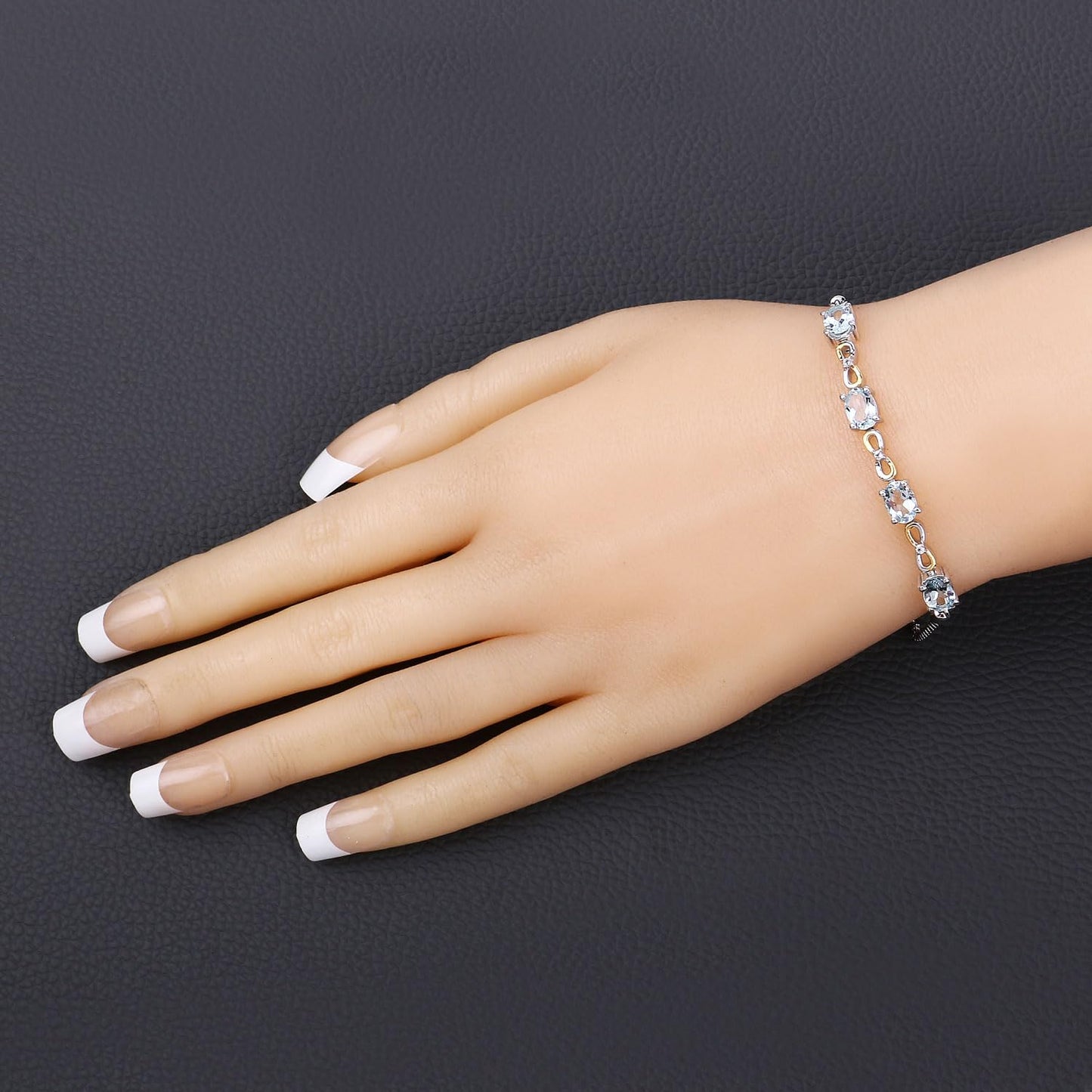 Oval Blue Aquamarine Prong Two-Tone Gold Plated Silver Infinity Bolo Adjustable Bracelet
