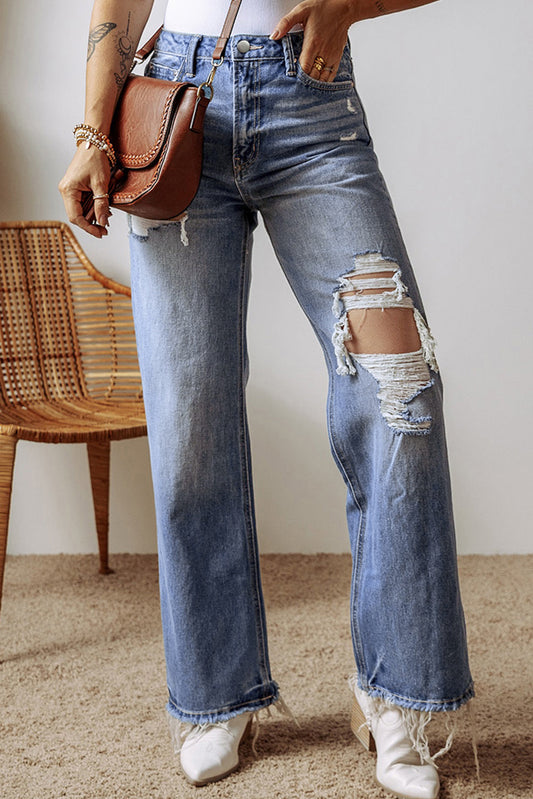 Threaded Pear Madilyn Distressed Raw Hem Straight Leg High Waist Jeans