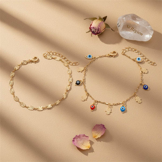Multi-Colored Acrylic & Goldtone Eye Hamsa Station Anklet Set