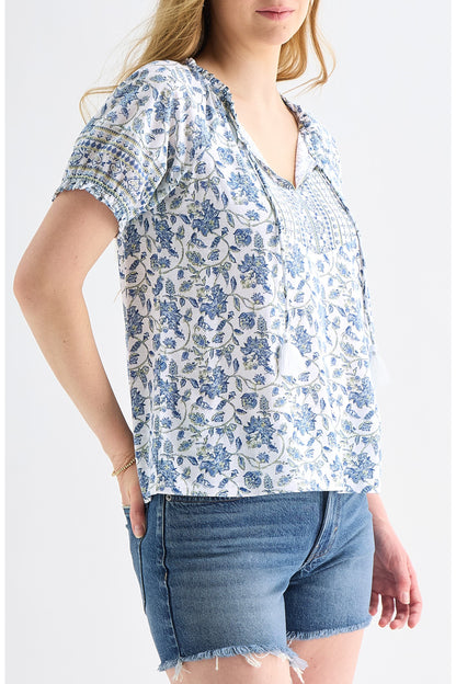 Lucky Brand Women's Short Sleeve Notch Neck - Blue Multi