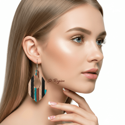 Multi-Colored Resin & Wood Silvertone Striped Almond Hook Earrings