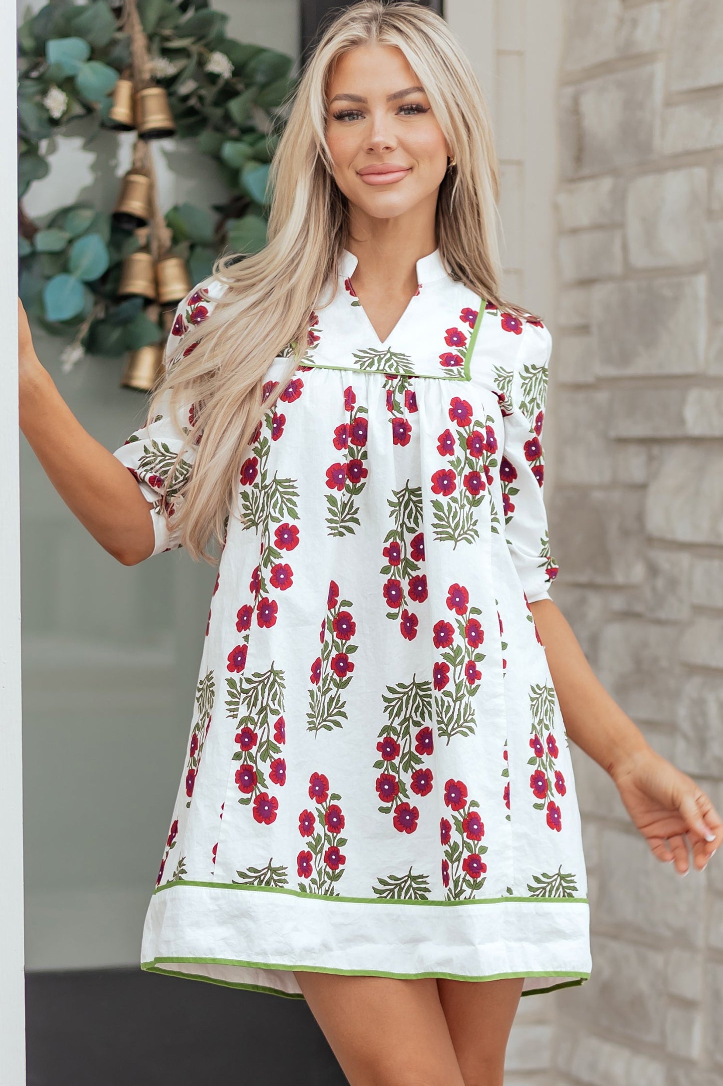 Threaded Pear Halo Sleeve Loose Floral Dress