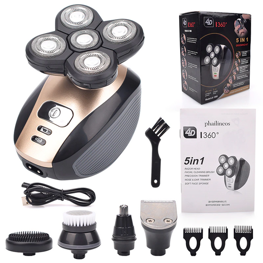 Prime Goods 5-in-1 Rotary Electric Shaver 4D Rechargeable Bald Head Hair Beard Trimmer Razor - Black